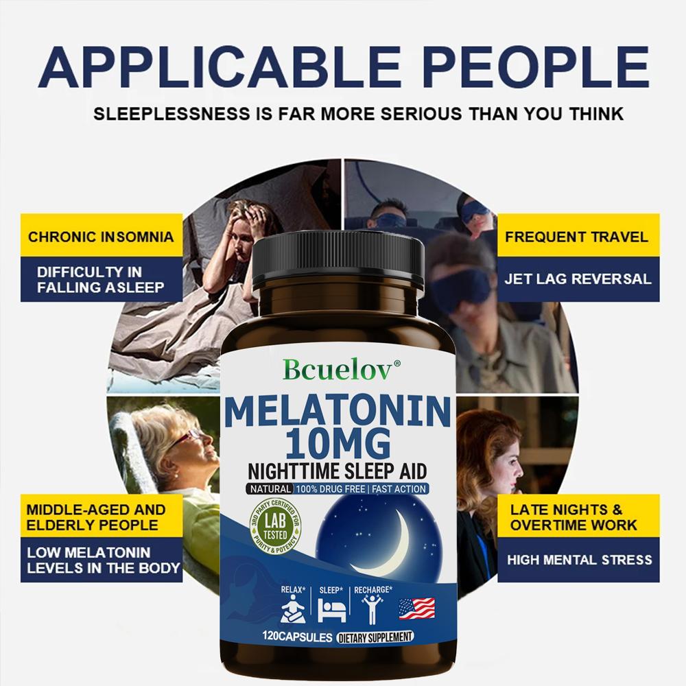 Bcuelov Melatonin Capsules 10mg Relieve Emotions and Improve Difficulty Falling Asleep 120 Capsules