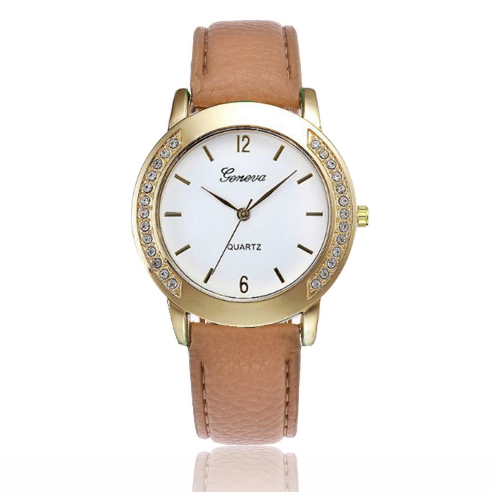 Women Fashion Double Side Diamond Watch Round Dial Quartz Clock Wristwatch with Leather Strap