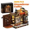 1606PCS Retro Steambrew Coffee LED Building Blocks,Vintage Steampunk Cafe House Architecture Scene Decor,Romantic DIY Toys Gifts
