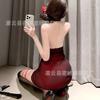 Sex Underwear Hot Backless Cheongsam Uniform Sexy Burgundy Neck Hip Dress Set