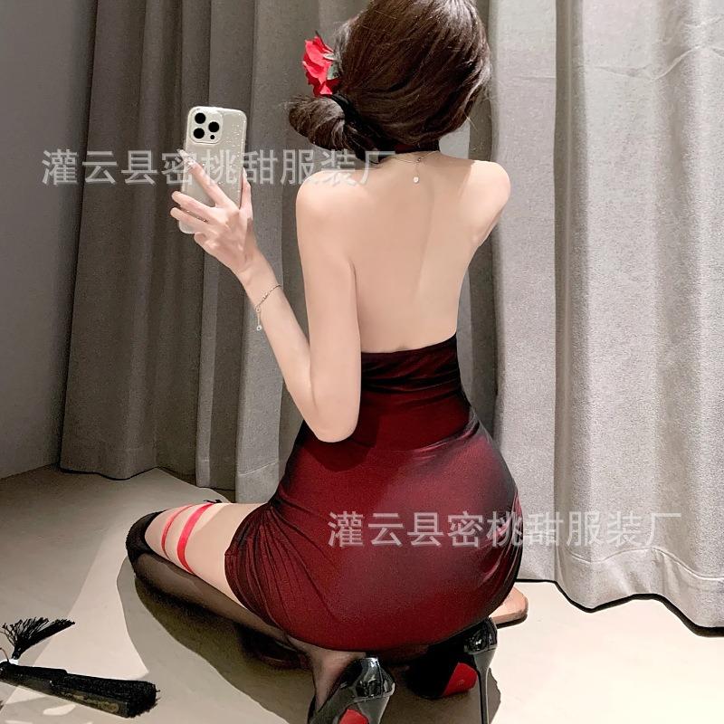 Sex Underwear Hot Backless Cheongsam Uniform Sexy Burgundy Neck Hip Dress Set