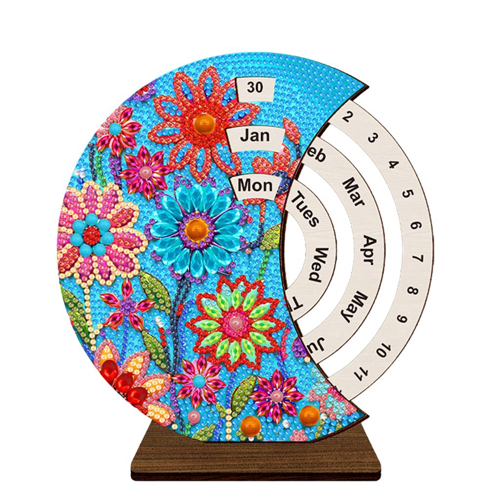 Diamantmålning Unik Trä Roterande Kalender Evig Kalender med Roterande Månad Dag Vecka Skrivbordsdekor för Hem och Kontor