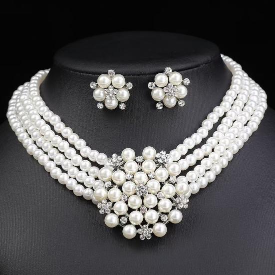 2Pcs/Set Imitation Pearl Jewelry Set Flower Charm Adjustable Retro Style Extension Chain Necklace Stud Earrings Set