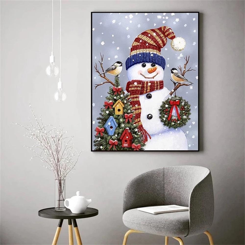 Solid Wood Frame Cute Cartoon White Snowman Canvas Paintings Classic Modern Nordic Posters Prints Wall Art Pictures for Living Room Home Decor
