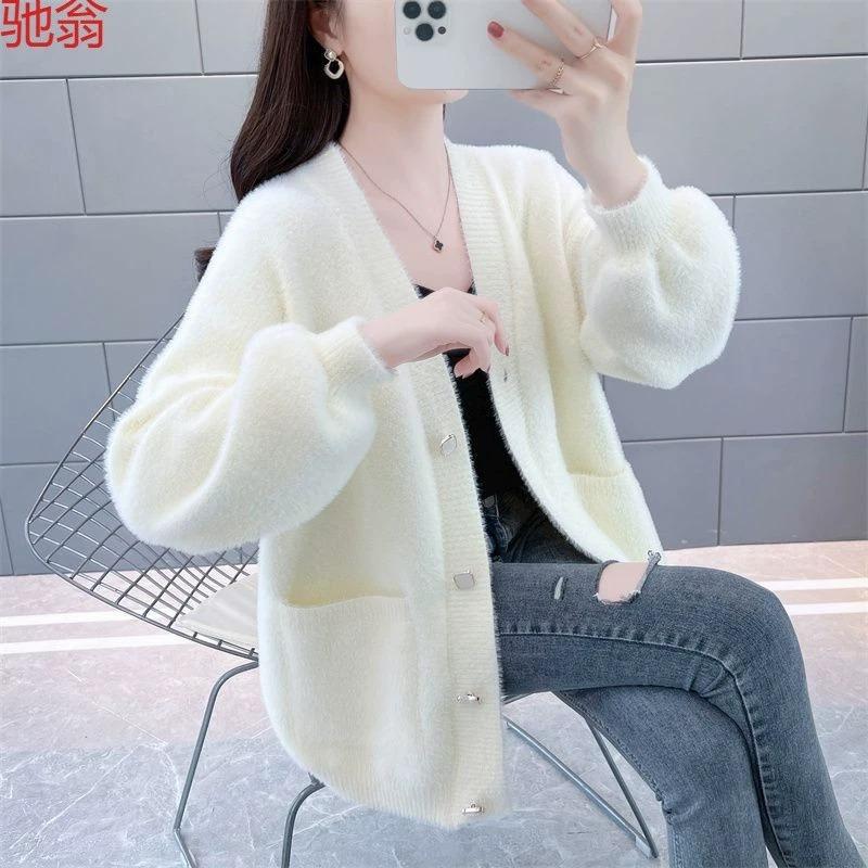 Thickened imitation mink velvet women's jacket spring and autumn new fashion loose regular knitted sweater cardigan women