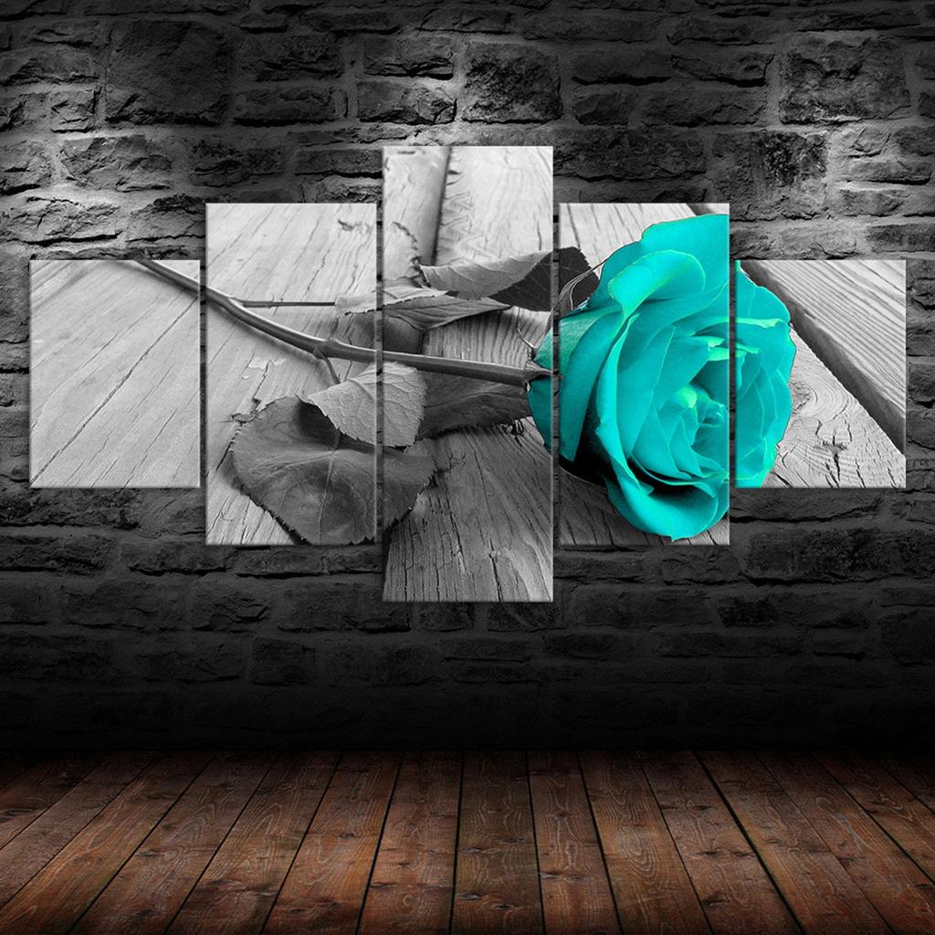 Beautiful Blue Rose Long Stem Flower 5 Piece Five Panel Wall Canvas Print Modern Art Poster Picture Home Decor Gift For Him For Her