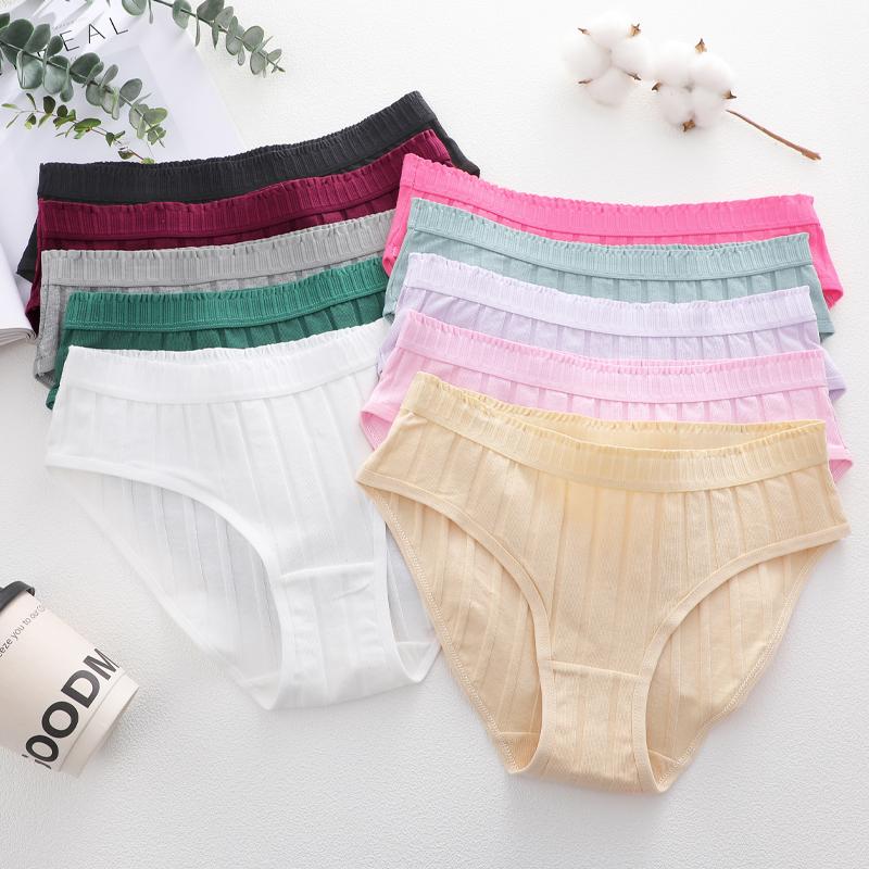 Women Seamless Cotton Crotch Panties Summer Dopamine Briefs Underwear Solid Color Breathable Elastic Sexy Stripe Lingerie Spring