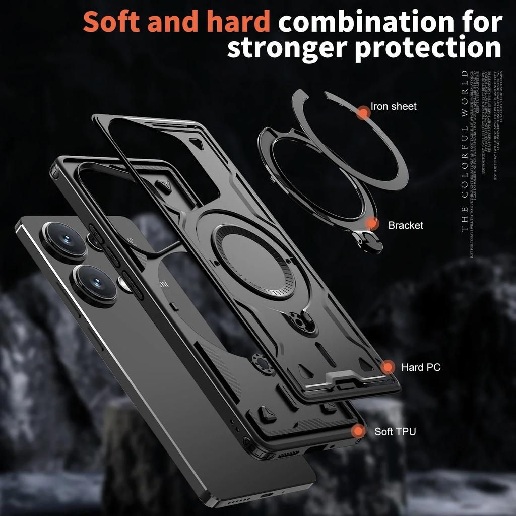 For Xiaomi Poco M6 Pro Redmi Note 13Pro 4G Case Military Armor Shockproof 360° Rotating Ring Stand TPU Plastic Phone Cover