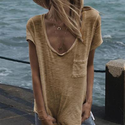 Women T-shirt Round Neck Short Sleeve Patch Pocket Tee Shirt Solid