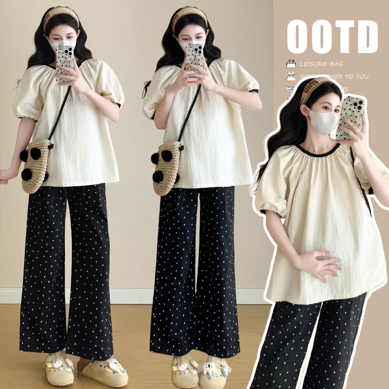 2026 Maternity Set: Color Block Shirt & Floral Print Wide-Leg Pants M