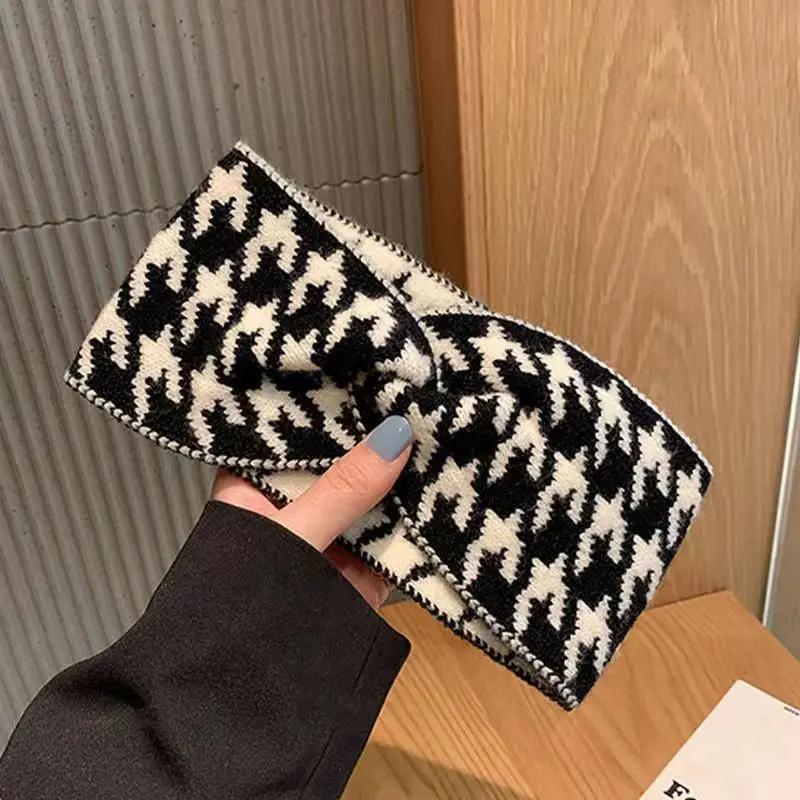 

Casual Korea Houndstooth Headwrap Headbands for Women Hiar Accessories New Cotton Elastic Head Band Warm Knitted Hairbands чёрный