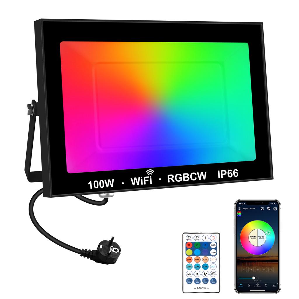 T-sunrise 100W RGB Smart Floodlight Outdoor Spotlight IP66 Remote Control Warm Cool Lighting WIFI Control for Alexa EU UK Plug