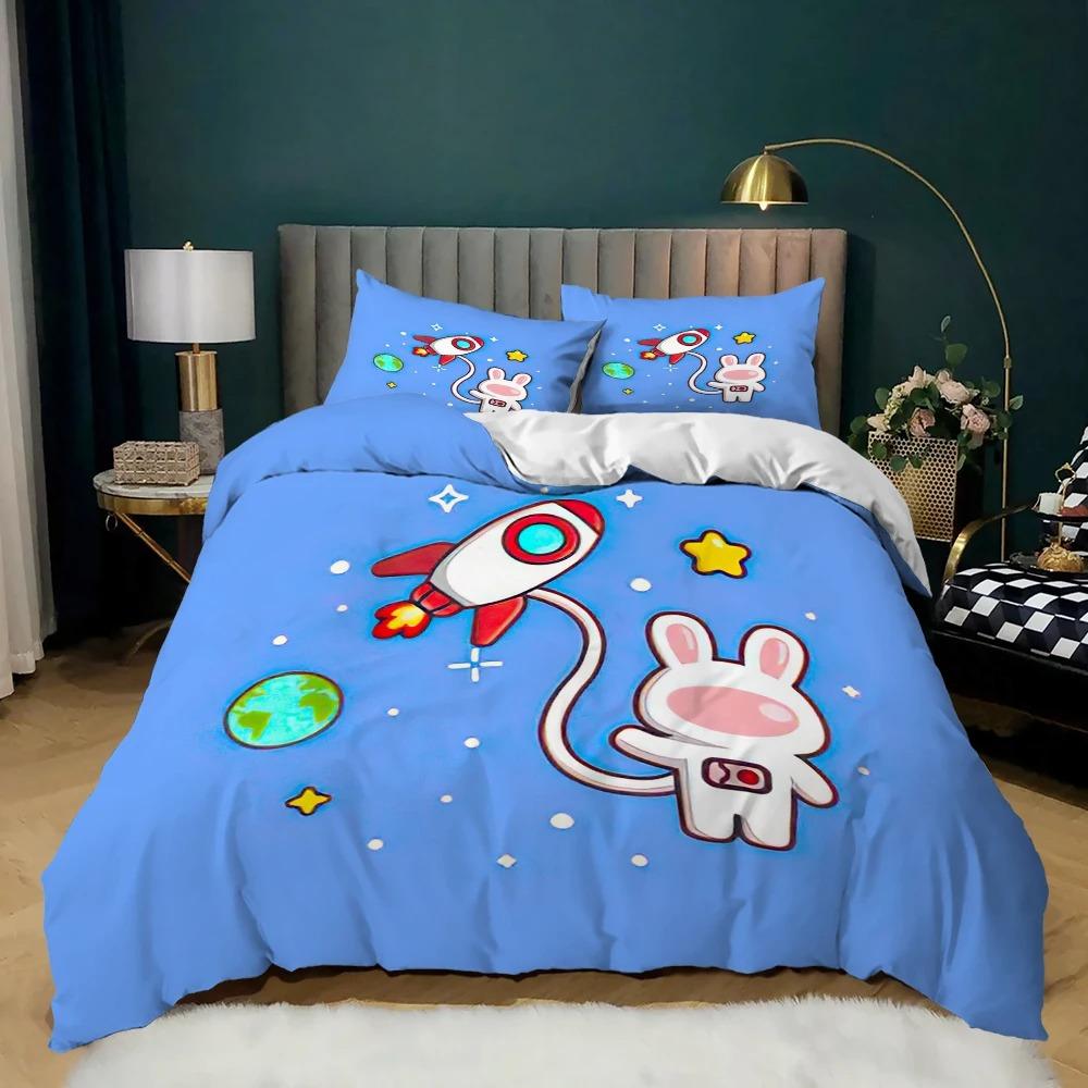 Cartoon Animal Duvet Cover Microfiber Pig Astronaut Red Bedding Set Space Universe Animal Theme King Quilt Cover
