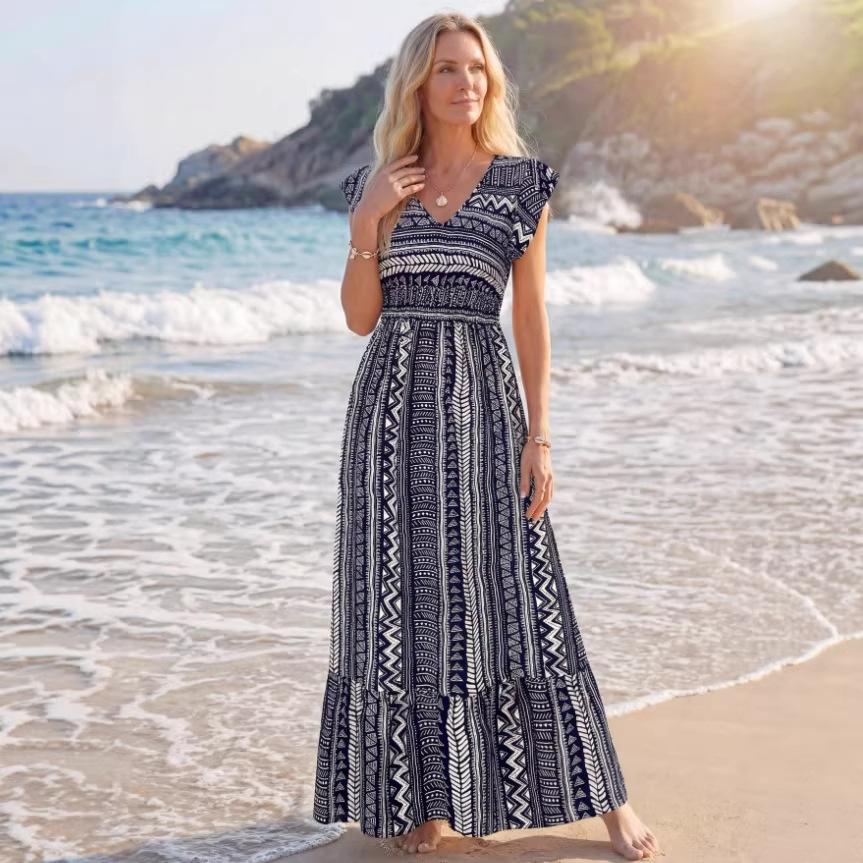 2026 Cross-Border Summer New Women s Long Dress Beach Vacation Bohemian Vintage Satin Printed Dress S синий