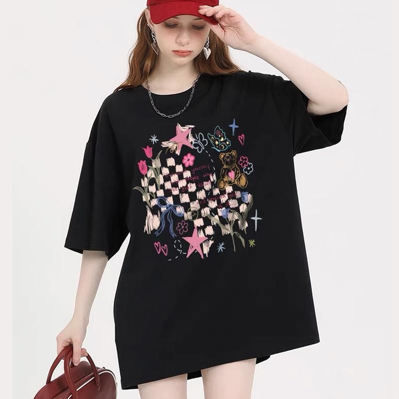 

Летние милые футболки из чистого хлопка с мультяшным принтом, женские уличные футболки в стиле хип-хоп, повседневная футболка, женские Harajuku, большие черные топы с короткими рукавами y2k