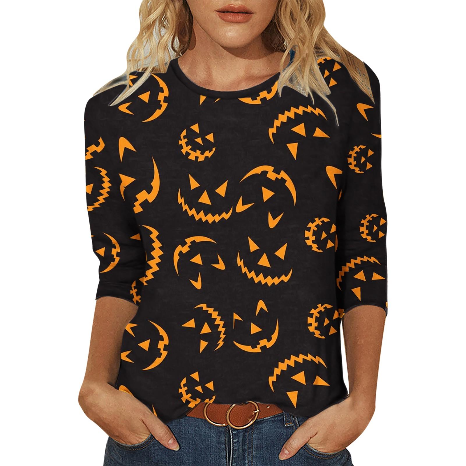 

Женская модная повседневная футболка с круглым вырезом и принтом на Хэллоуин с семью рукавами, топ M оранжевый