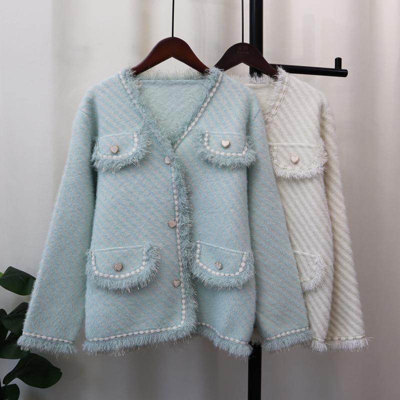 Autumn and Winter New Imitation Mink Velvet Knitted Cardigan Love Buckle High-end Temperament Sweater Jacket Women