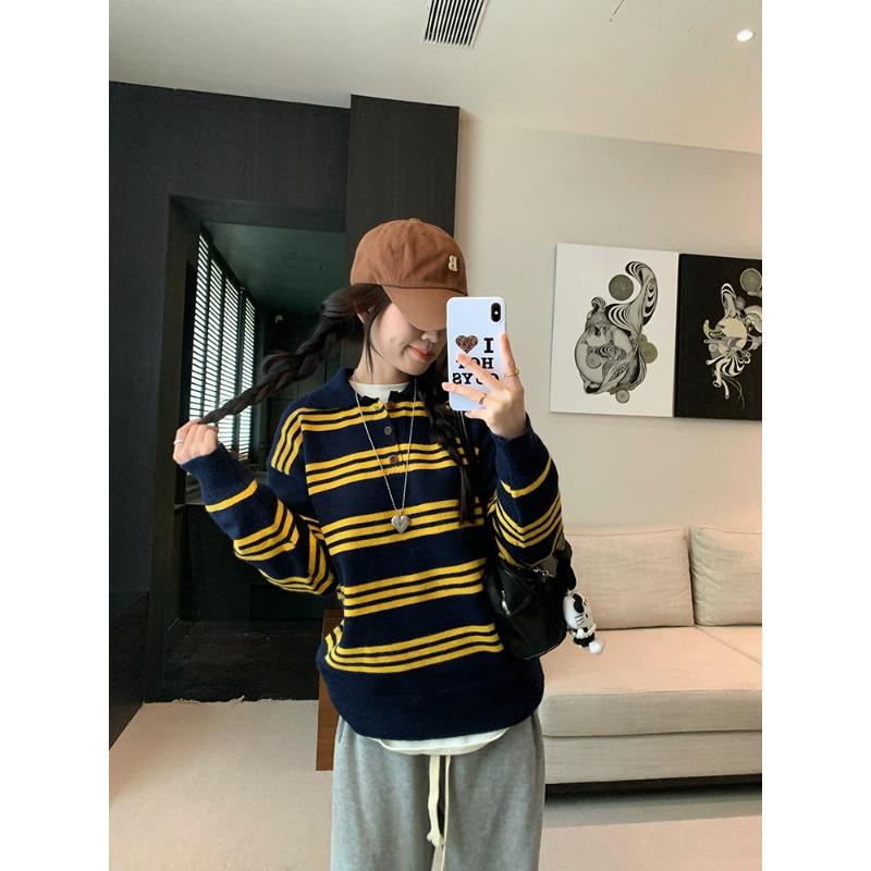 Vintage Polo-Kragen gestreifter langärmeliger Strickpullover Herbst locker altersreduzierend Oberbekleidung Unterziehpullover Damen