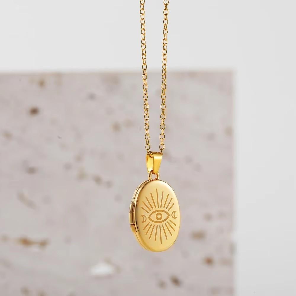 Stainless Steel Oval Photo Pendant Necklace Gold Color Locket Necklace for Women Engraved Openable Picture Frame Jewelry Gift
