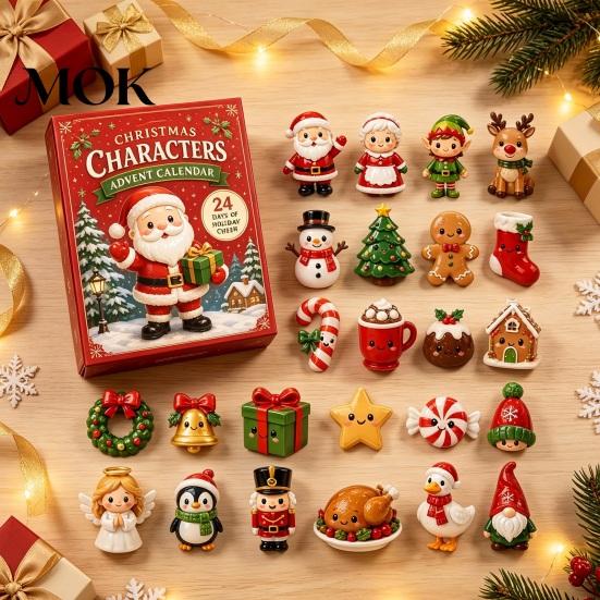Gift Box for Children 2026 Christmas Characters Advent Calendar, 24-Day Countdown Food Theme Ornament Set, Winter Holiday Ornaments 2D Acrylic Hanging