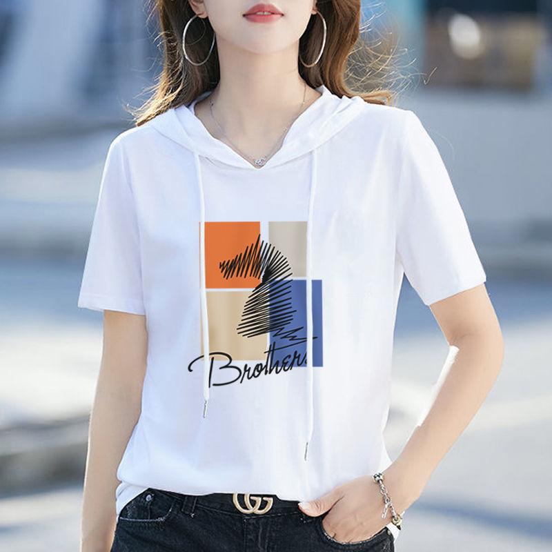 Summer Women's Loose Fit Hooded T-Shirt Korean Style Hooded Sweatshirt