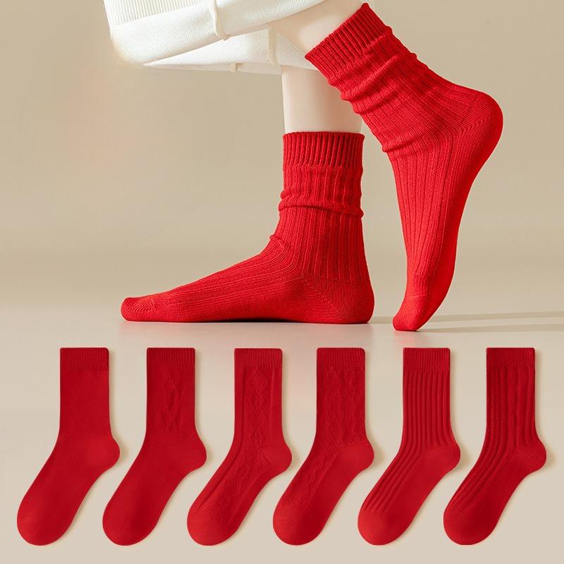 Winter Pure Cotton Bright Red Socks, Mid-calf Socks, Couple Socks, Boneless Pile Socks