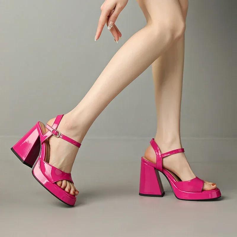 Fashion Luxury Leather Women's Sandals Sexy Slingbacks Chunky High Heels Ankle Strap Open Toe Summer Heeled Sandals Zapatos De Mujer