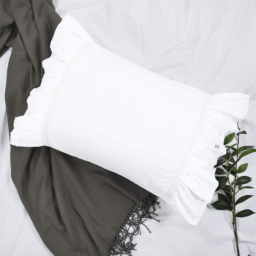 Eyelet Pillow Shams Lace Ruffled Standard White Shabby Chic Farmhouse Pillowcases Set of 2 Pretty Elegant Cotton Country French Cottage Embroidered