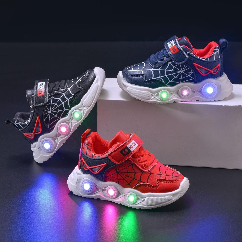 New Arrival LED Light-Up Spider Web Leather Sneakers for Boys