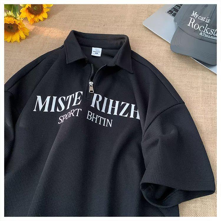 

Ретро американское вафельное поло: Футболка с коротким рукавом и застежкой-молнией для мальчиков, модная, плотная XL чёрный