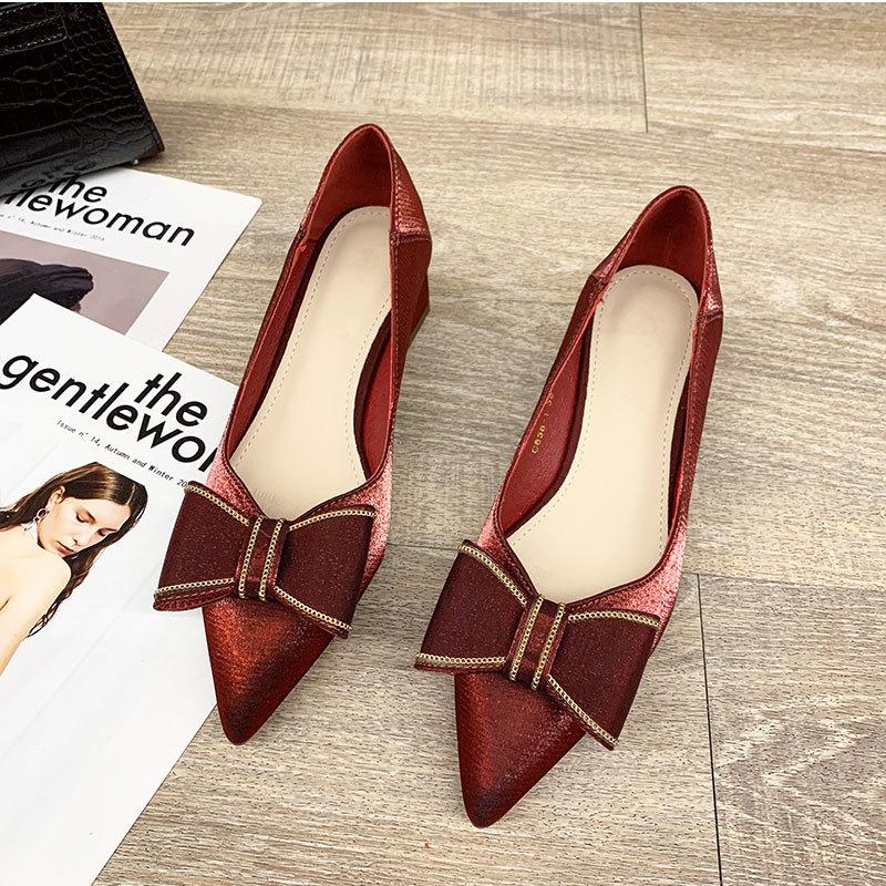 Single shoes women's thick heel mid-heel spring new women's shoes pointed head shallow mouth four-season shoes women's versatile bow high heels