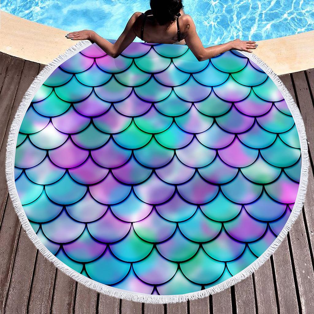 Mermaid Scales Round Beach Towel Circle Beach Blanket Soft Polyester Pool Towels Absorbent Quick Dry Sand Free Picnic Yoga Mat