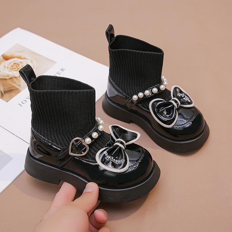 Girls Boots 2025 Autumn and Winter New Short Boots Martin Boots Children's Socks Boots Girls Single Boots Velvet Pearl Princess Shoes