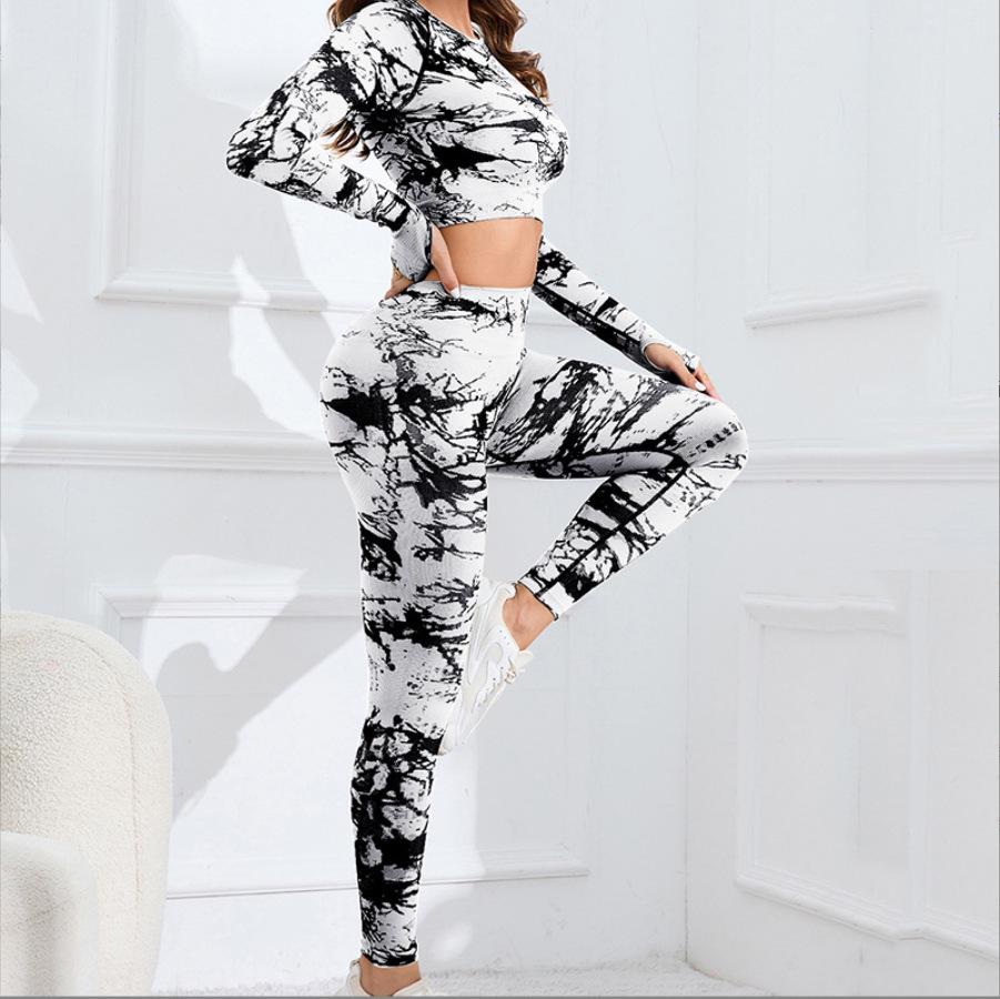 "Seamless Tie-Dye Yoga Set: Long-Sleeve Top & High-Waist Leggings for Women"