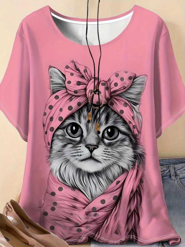 Vintage Women's Summer T-Shirt Anime Cat Graphics O-Neck Short Sleeve T-Shirts Female Streetwear Casual Oversized Woman Clothes