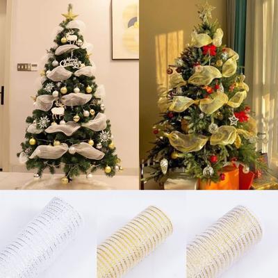 High Quality Reusable Christmas Wreath Tree Stripes DIY Handmade Christmas Ribbon Gold & White Net Yarn Christmas Tree