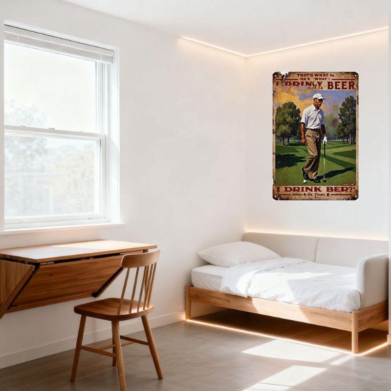 Vintage Metal Tin Sign Golfer Drinking Beer Sunset Golf Course Wall Decor Rustic Aged Retro Art for Bar Man Cave Home Restaurant