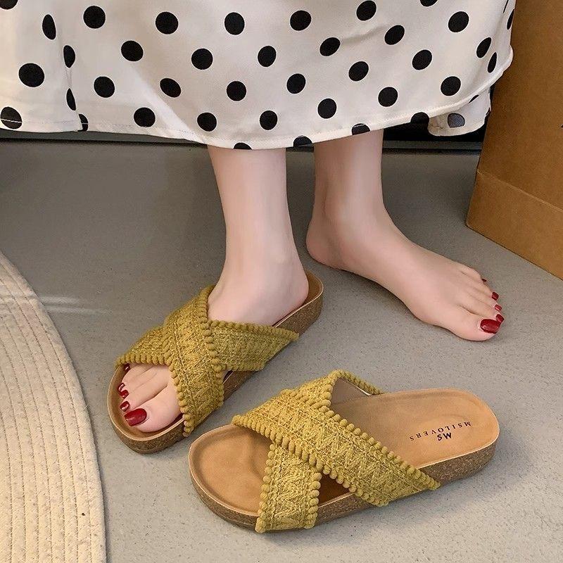 Cross-strap Knitted Slippers Women's Summer New Wear Retro Open-toed Beach One-word Cool Slippers