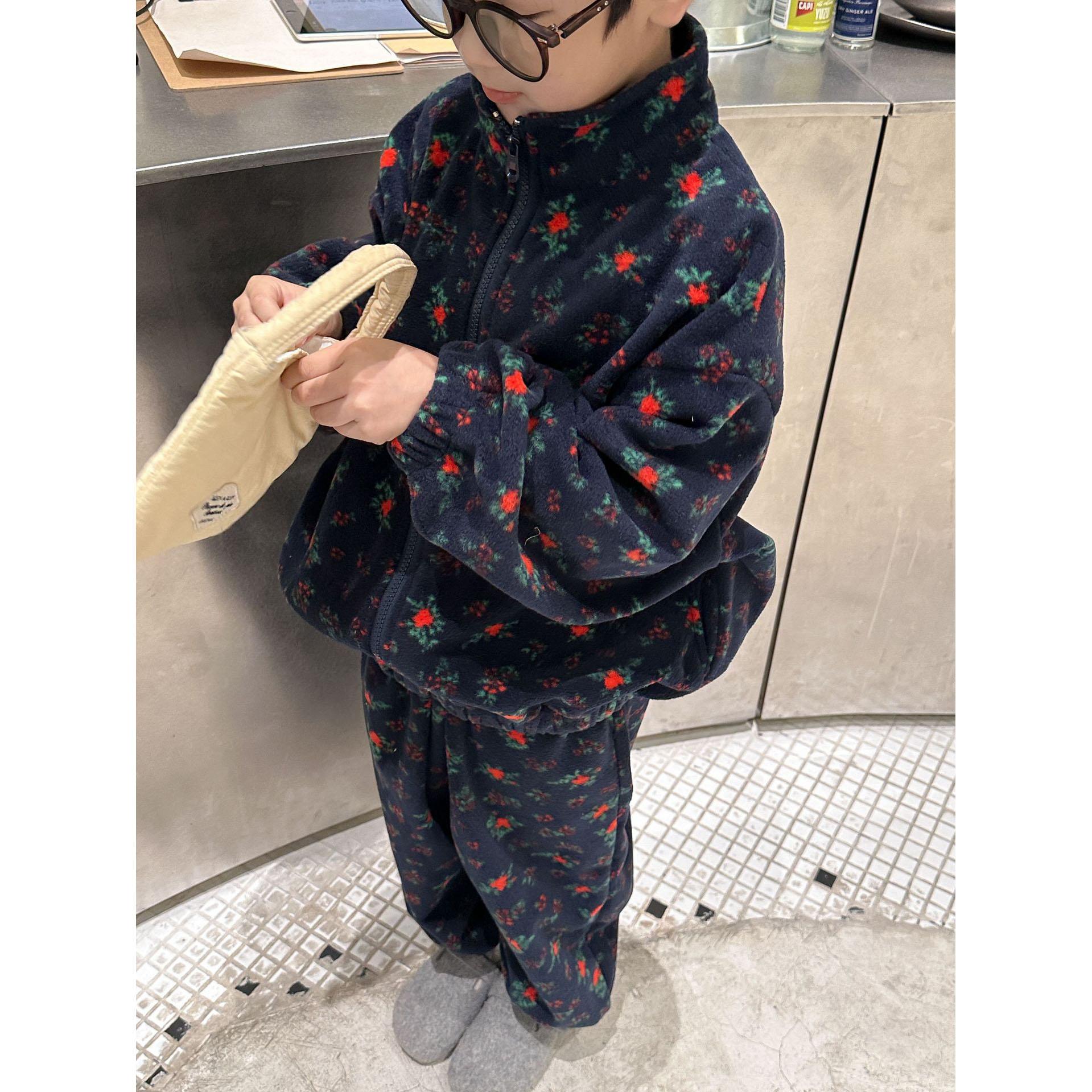 

Зимний детский корейский выпуск, утепленный комплект с принтом на молнии 90 темно-синий