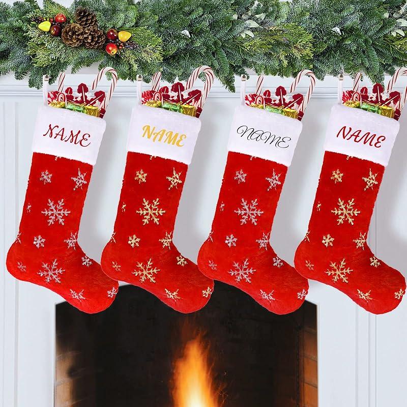 2PCS Plush Christmas Stockings White Faux Fur Large 56cm Deluxe Hanging Xmas Stockings with Silver Sequin Snowflake for Christmas Fireplace