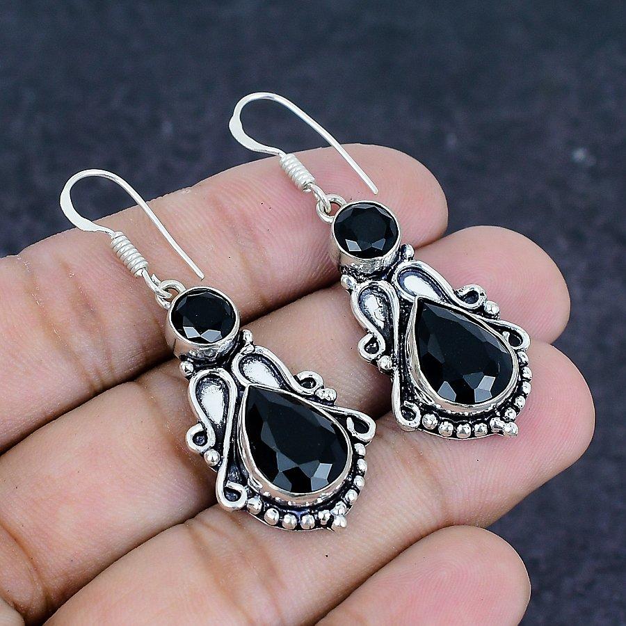 Natural Black Spinel Gemstone Handmade 925 Sterling Silver Earring 1.97" a3c62