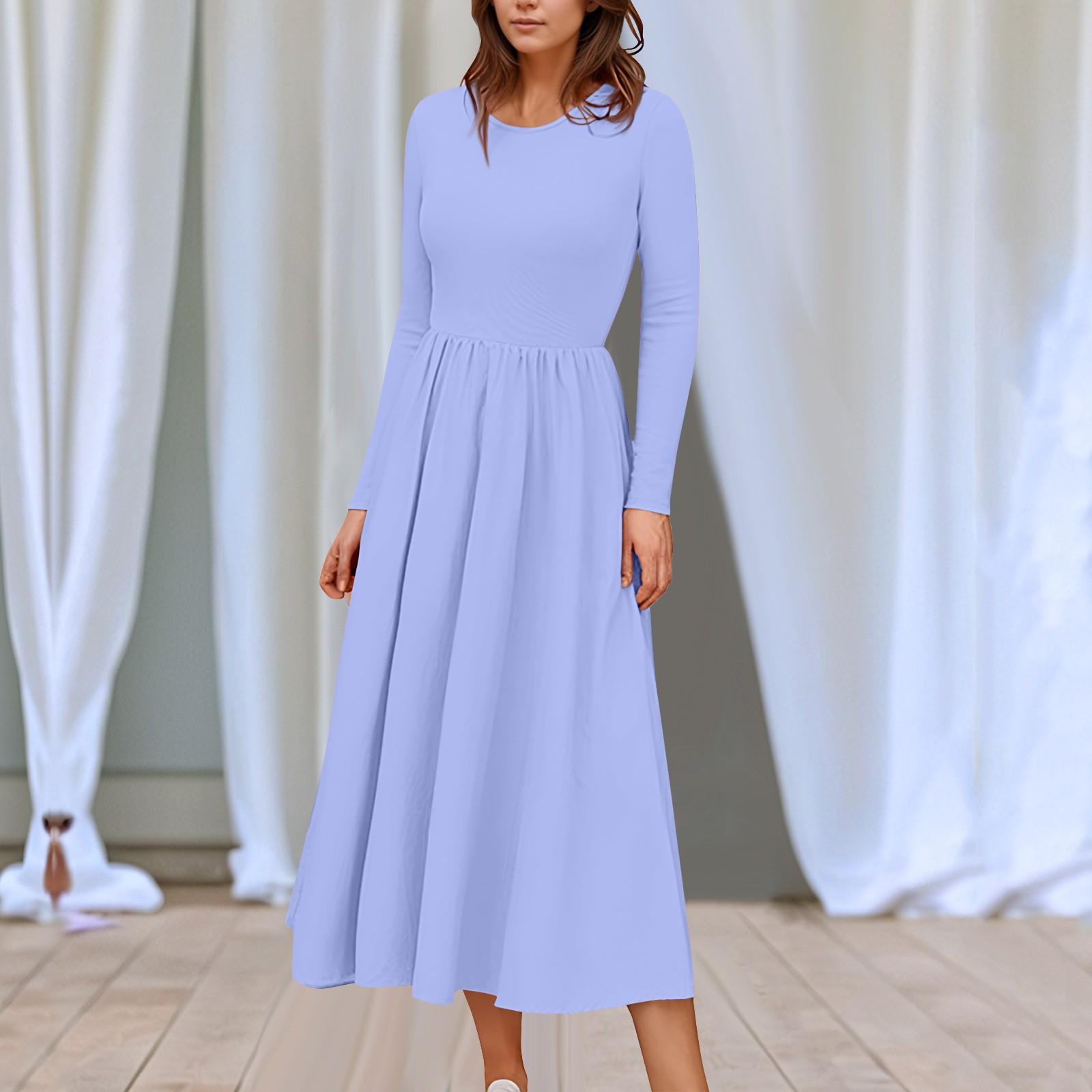 

Жіночі однотонні сукні міді в стилі бохо, повсякденні літні та весняні сукні з довгим рукавом і кишенькою. XXXL світло-синій колір