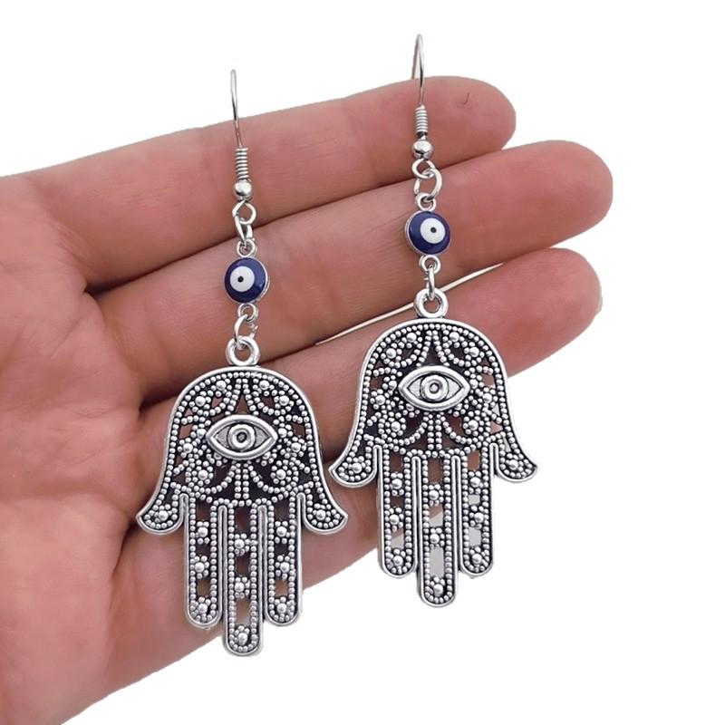 Bohemian Retro Silver Hamsa Earrings with Evil Eye & Fatima Hand Pendant серебряный