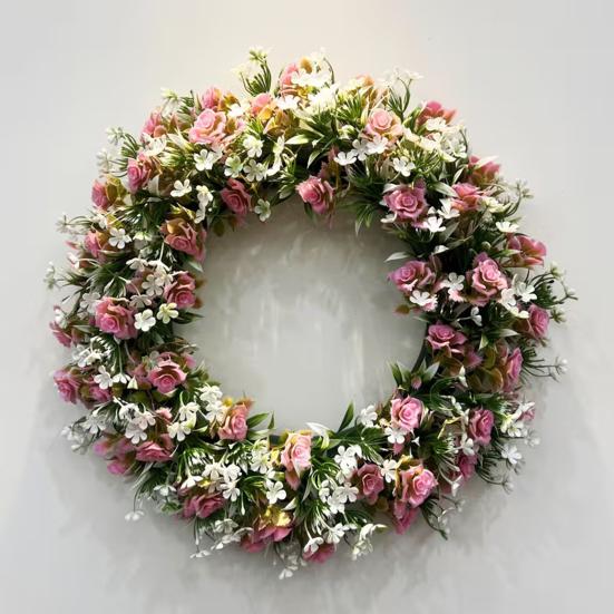 Wreath Hanger Artificial Rose And Camellia Wreath Hanger for Door Wall Fireplace Decoration Handmade Realistic Spring Floral Wreath Home Decor