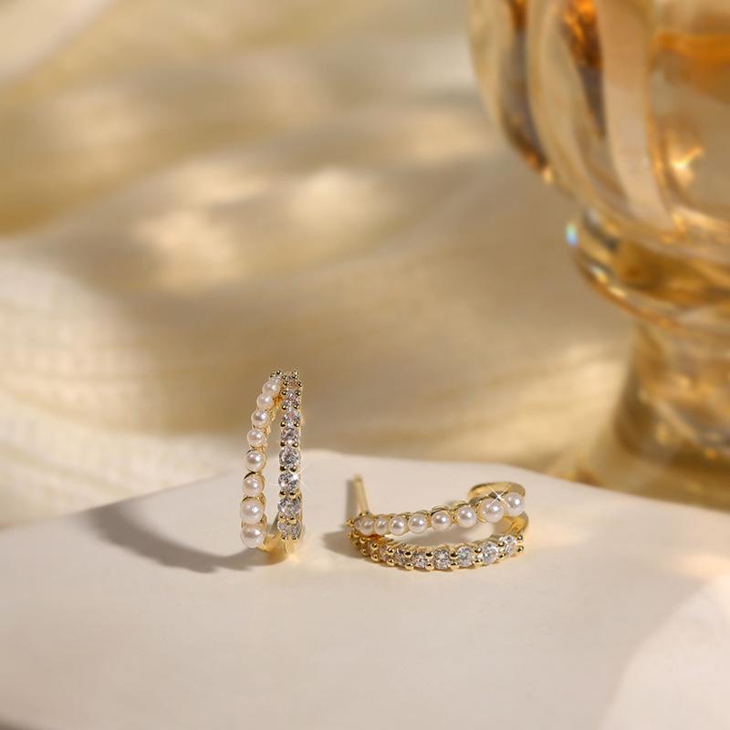 Temperament Double-layer Zirconia Pearl Earrings Tide Senior Sense of Light Luxury Versatile Sweet Earrings Fashionable and Versatile Female