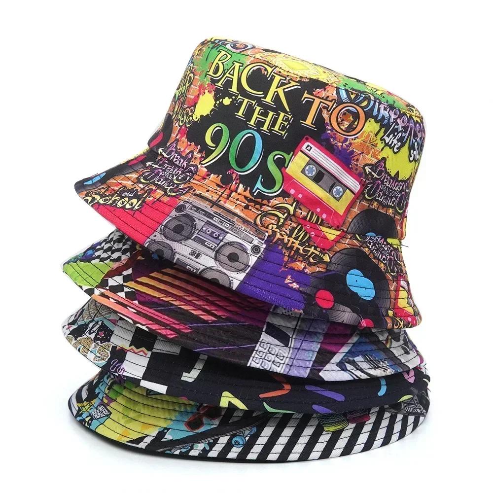 Women Bucket Hat Fashion Design Print 90's Panama Hats Female Vintage Fisherman Unisex Sun Cap Dropshipping