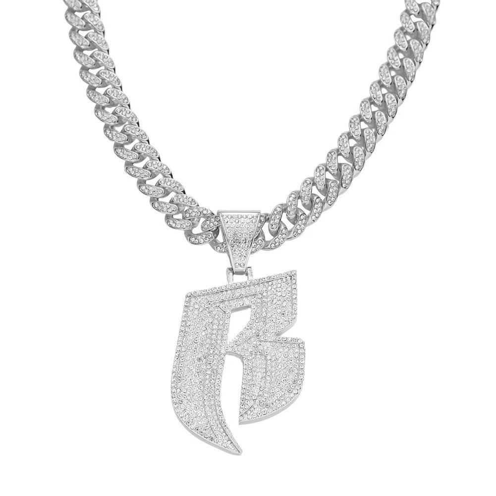 Men's Hip-Hop Punk Style Diamond Letter B Pendant with 15mm Cuban Chain Necklace
