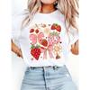 Sweet Strawberry Bow Graphic T-Shirt Women’s Crew Neck Short Sleeve Girly Sweet Floral Print Top for Summer Daily Wear