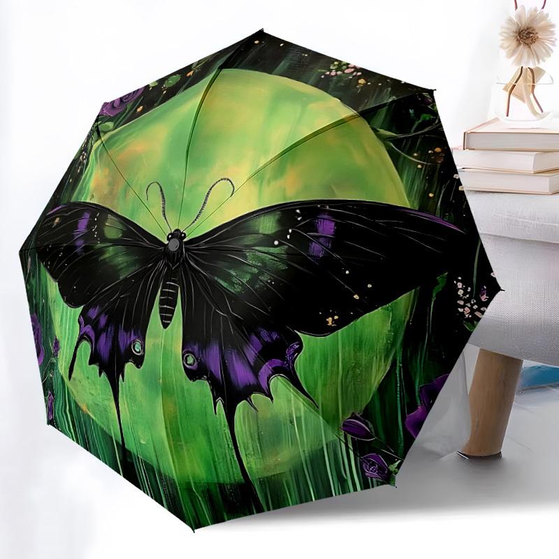 1pc Butterfly Moon Automatic Folding Umbrella Compact Lightweight Travel Umbrella with 8-Rib Sturdy Frame, Windproof & Self032