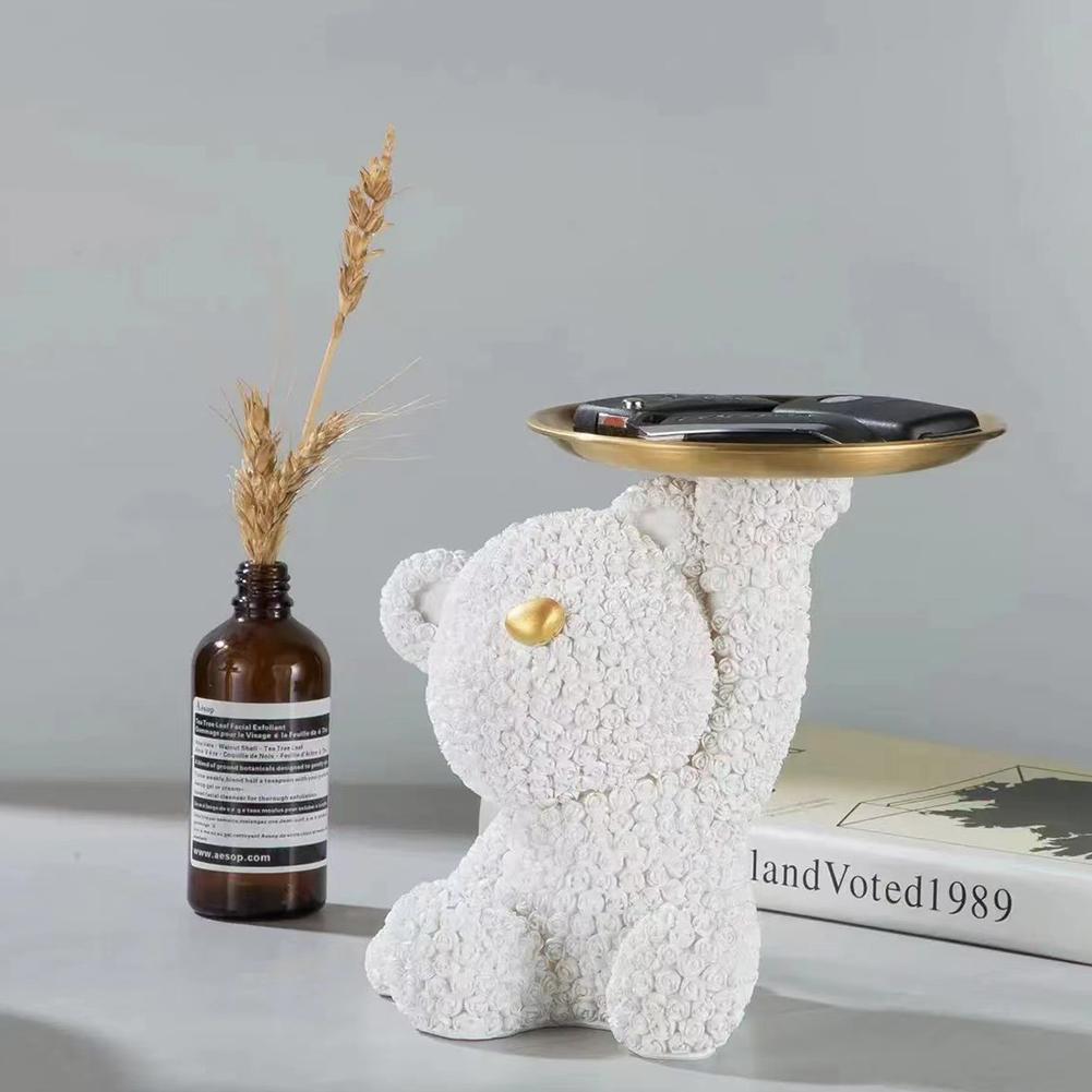 Roses Bear Storage Tray Key Candy Storage Ornament Exquisite Bear Statue Tray Decor Multifunction Bear Figurines for Home Decor